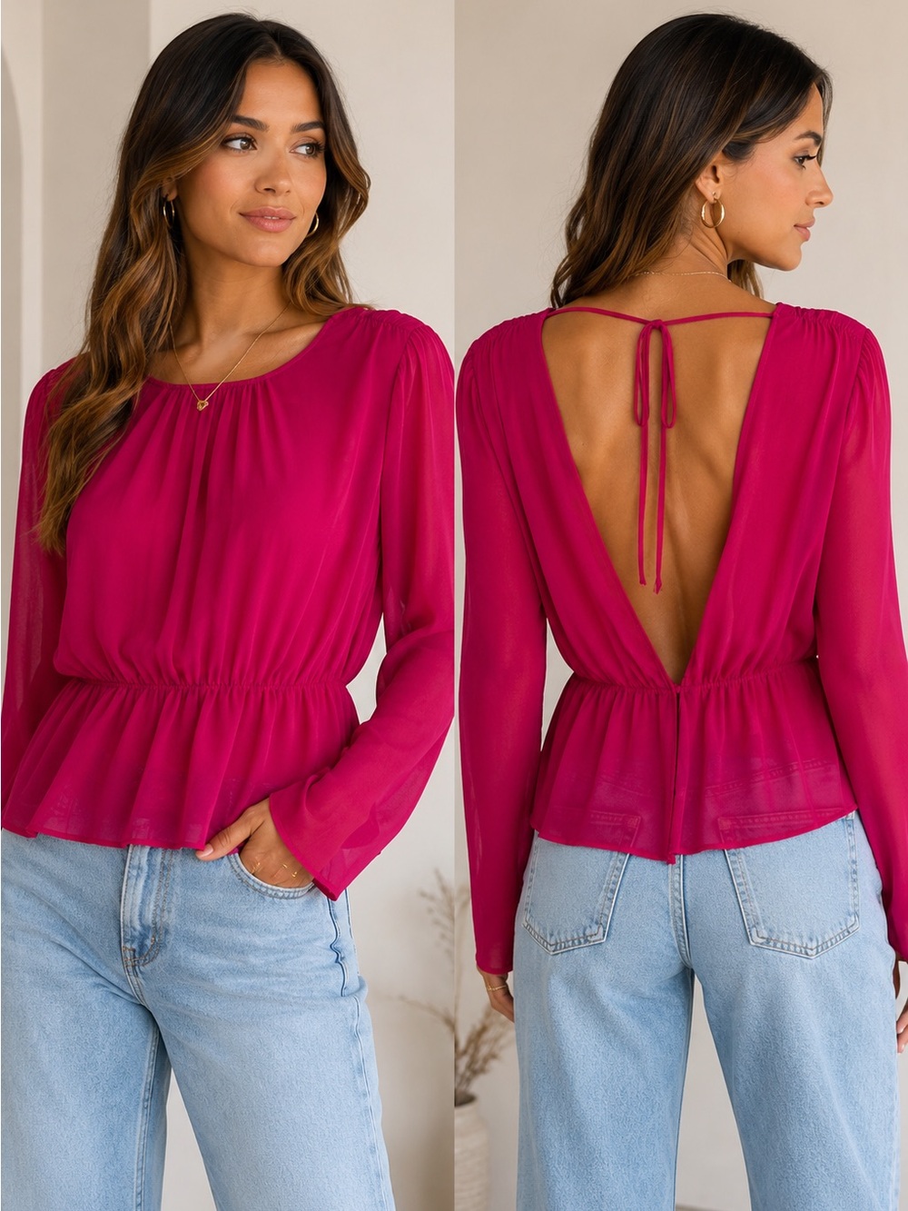 Zara Fuchsia Pink Sheer Long-Sleeve Peplum Blouse with Open Back Size M Boho